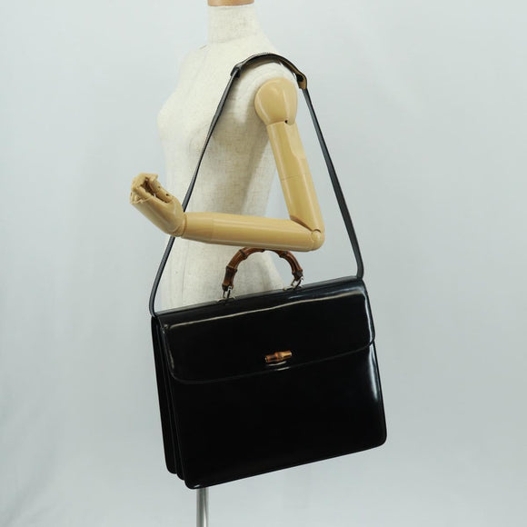 GUCCI Bamboo Hand Bag Enamel 2way Black Gold 015 1046 3304 Auth bs32052