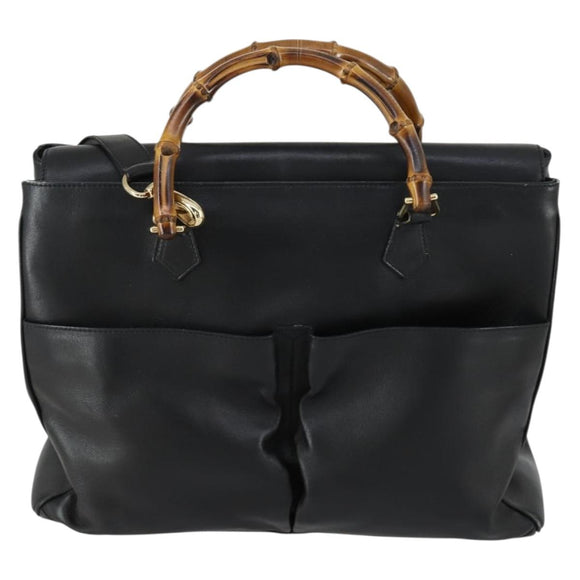GUCCI Bamboo Hand Bag Leather Black Gold 002 123 0322 Auth bs32053