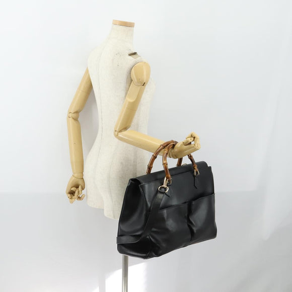 GUCCI Bamboo Hand Bag Leather Black Gold 002 123 0322 Auth bs32053