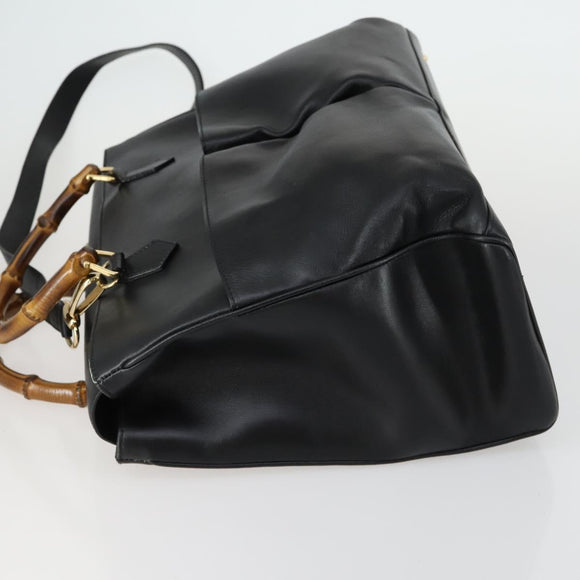 GUCCI Bamboo Hand Bag Leather Black Gold 002 123 0322 Auth bs32053