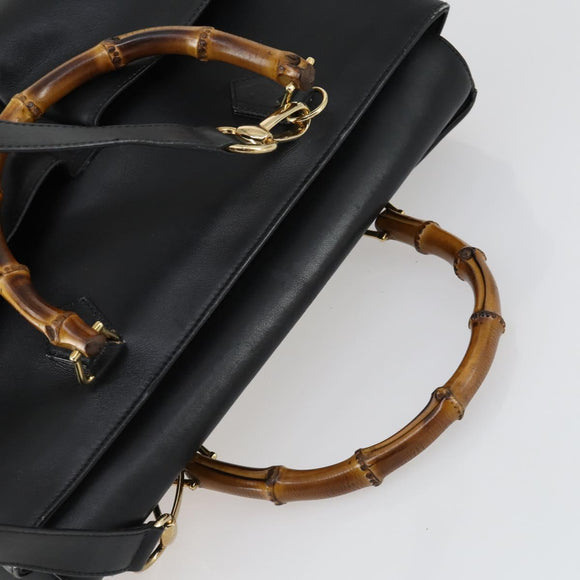 GUCCI Bamboo Hand Bag Leather Black Gold 002 123 0322 Auth bs32053