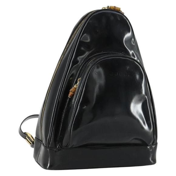 GUCCI Bamboo Shoulder Bag Enamel Black Gold Auth bs32059