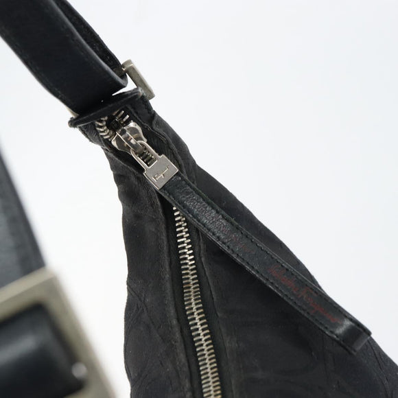 Salvatore Ferragamo Gancini Shoulder Bag Nylon Black Silver Auth bs32062
