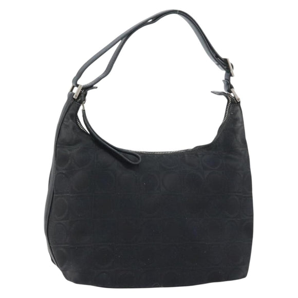 Salvatore Ferragamo Gancini Shoulder Bag Nylon Black Silver Auth bs32062