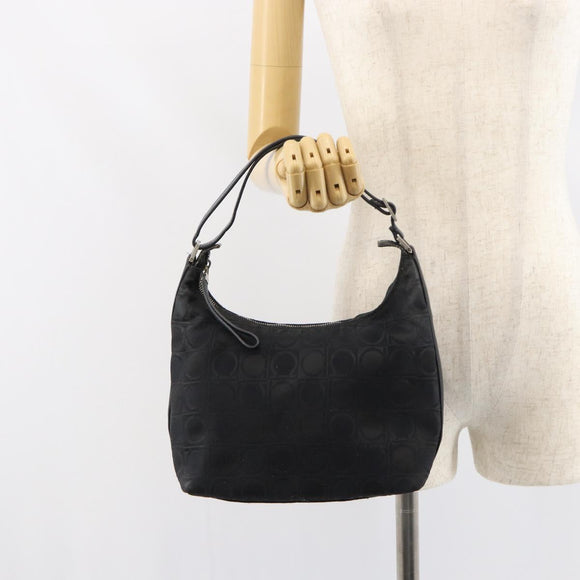 Salvatore Ferragamo Gancini Shoulder Bag Nylon Black Silver Auth bs32062