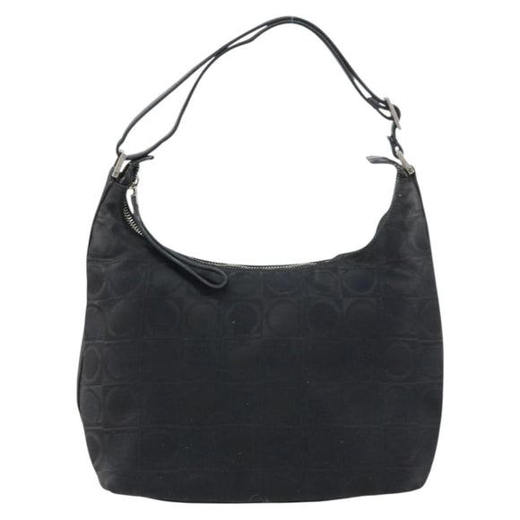 Salvatore Ferragamo Gancini Shoulder Bag Nylon Black Silver Auth bs32062