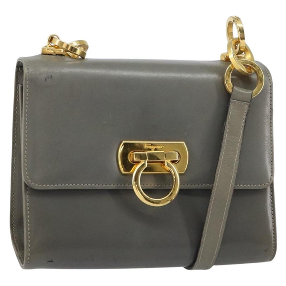 Salvatore Ferragamo Gancini Chain Shoulder Bag Leather Gray Gold Auth bs32063