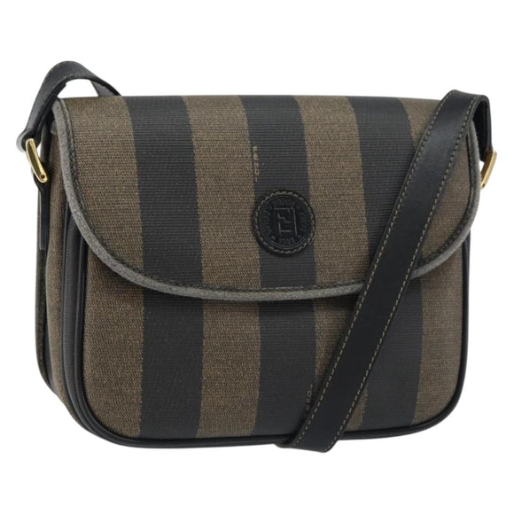 FENDI Pecan Canvas Shoulder Bag PVC Black Brown gold Auth bs32065