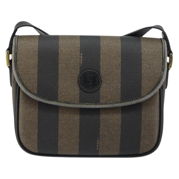FENDI Pecan Canvas Shoulder Bag PVC Black Brown gold Auth bs32065