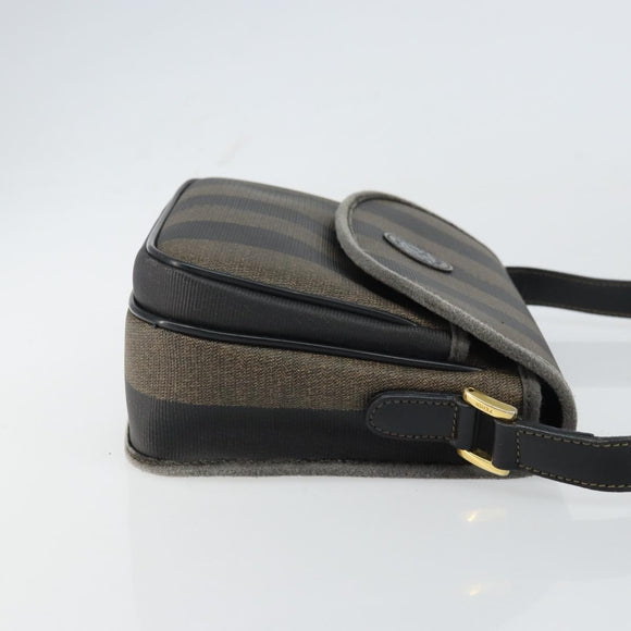 FENDI Pecan Canvas Shoulder Bag PVC Black Brown gold Auth bs32065