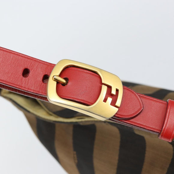 FENDI Pecan Canvas Shoulder Bag Black Brown gold Auth bs32066