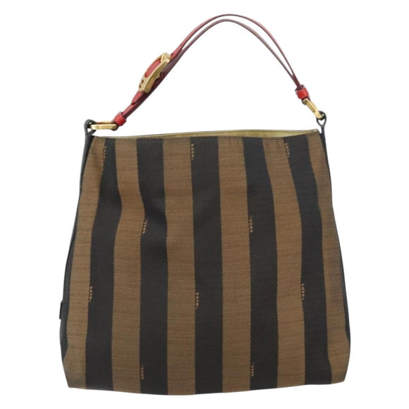 FENDI Pecan Canvas Shoulder Bag Black Brown gold Auth bs32066
