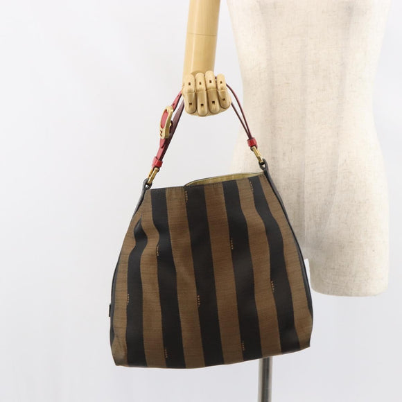 FENDI Pecan Canvas Shoulder Bag Black Brown gold Auth bs32066