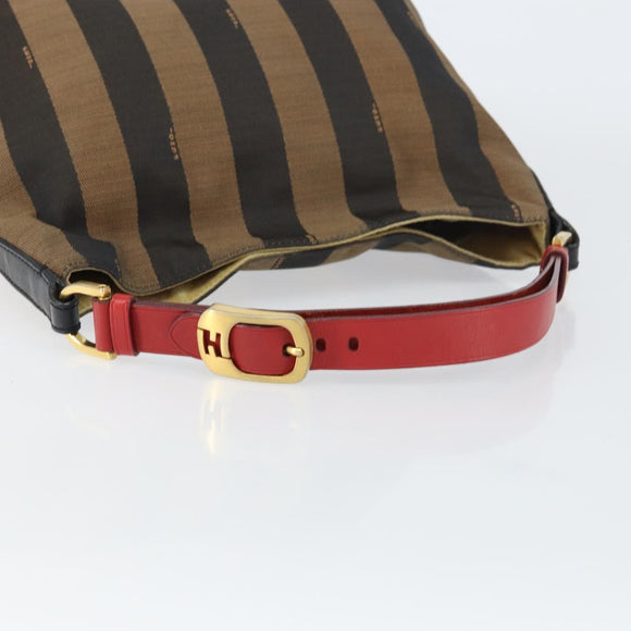 FENDI Pecan Canvas Shoulder Bag Black Brown gold Auth bs32066