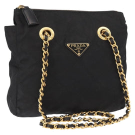 PRADA Chain Shoulder Bag Nylon Black Gold Auth bs32069