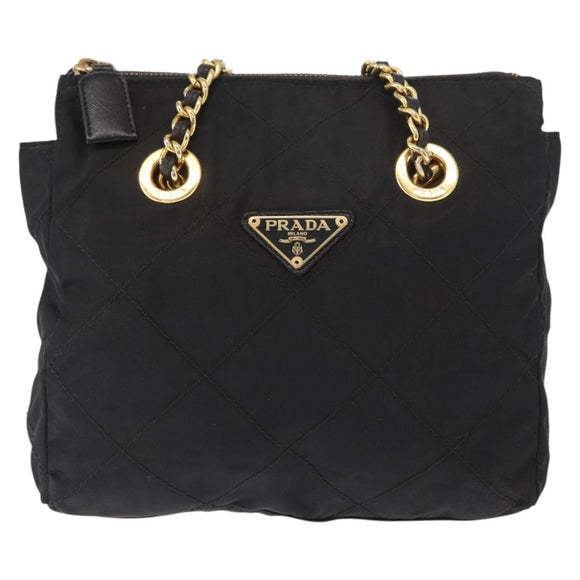 PRADA Chain Shoulder Bag Nylon Black Gold Auth bs32069