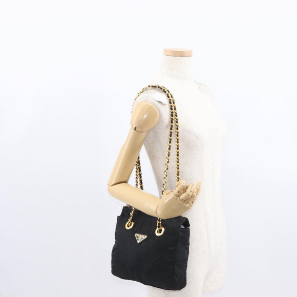 PRADA Chain Shoulder Bag Nylon Black Gold Auth bs32069