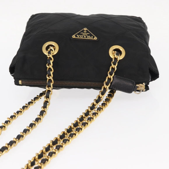 PRADA Chain Shoulder Bag Nylon Black Gold Auth bs32069