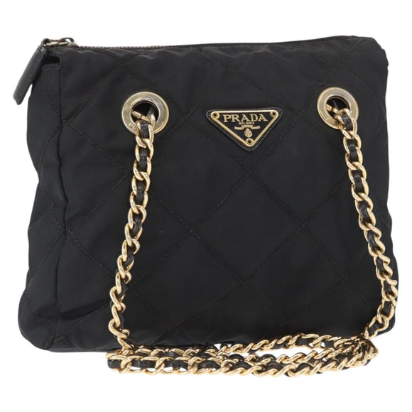 PRADA Chain Shoulder Bag Nylon Black Gold Auth bs32070