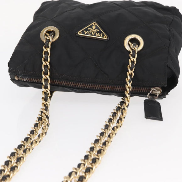 PRADA Chain Shoulder Bag Nylon Black Gold Auth bs32070