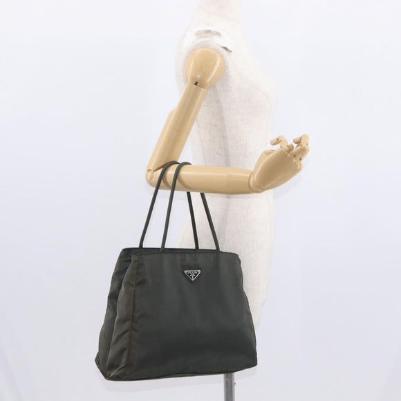 PRADA Tote Bag Nylon Khaki Silver Auth bs32072