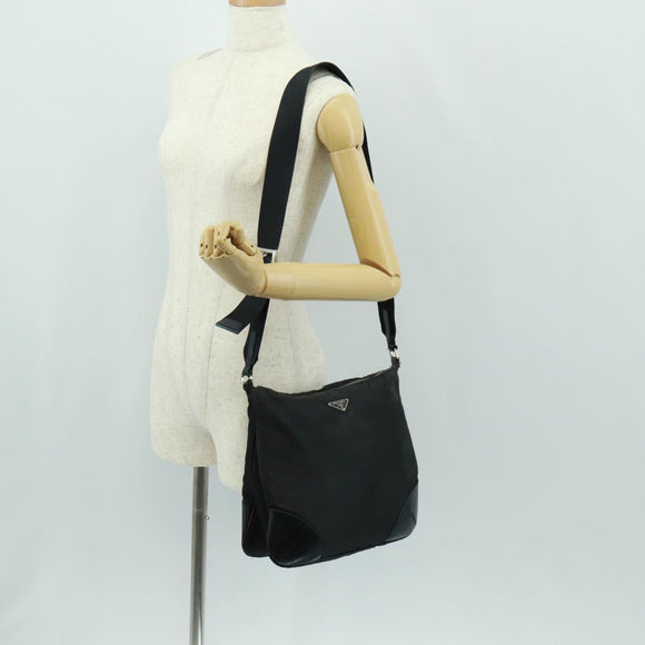 PRADA Shoulder Bag Nylon Leather Black Silver Auth bs32075
