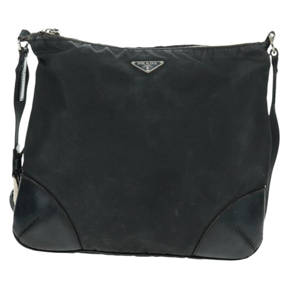 PRADA Shoulder Bag Nylon Leather Black Silver Auth bs32075