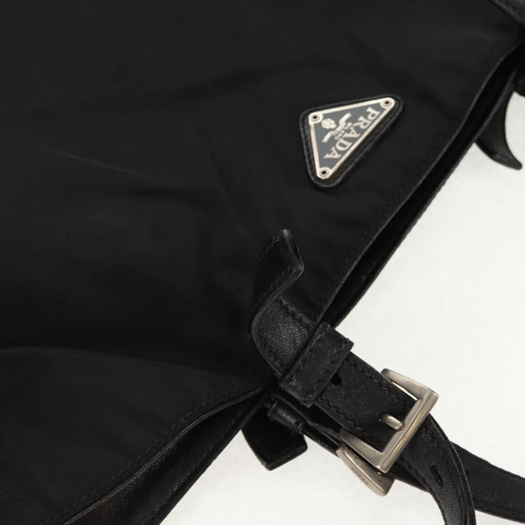 PRADA Tote Bag Nylon Leather Black Silver Auth bs32077
