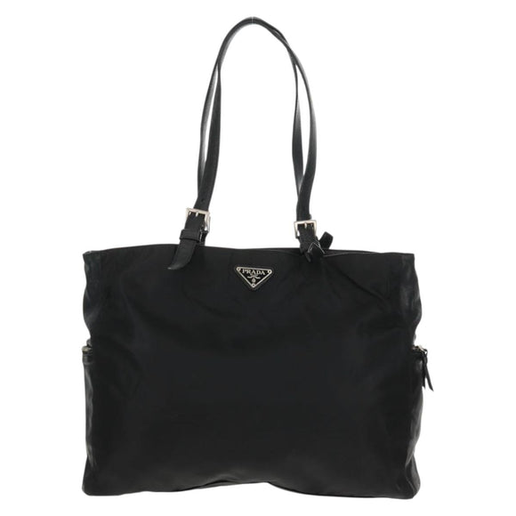 PRADA Tote Bag Nylon Leather Black Silver Auth bs32077