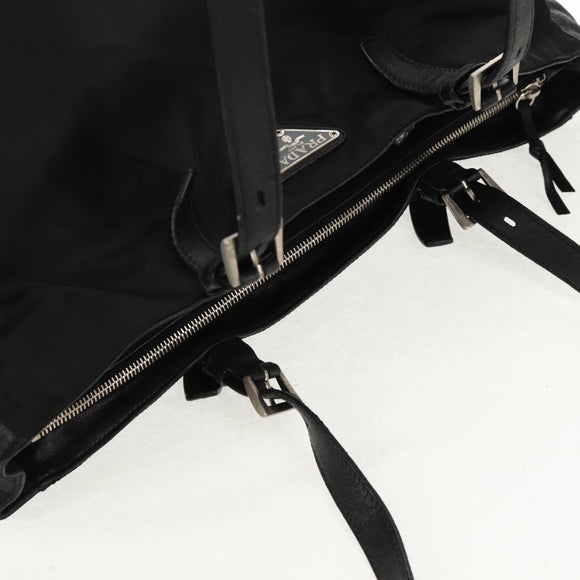 PRADA Tote Bag Nylon Leather Black Silver Auth bs32077