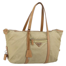 PRADA Tote Bag Nylon Beige Silver Auth bs32083