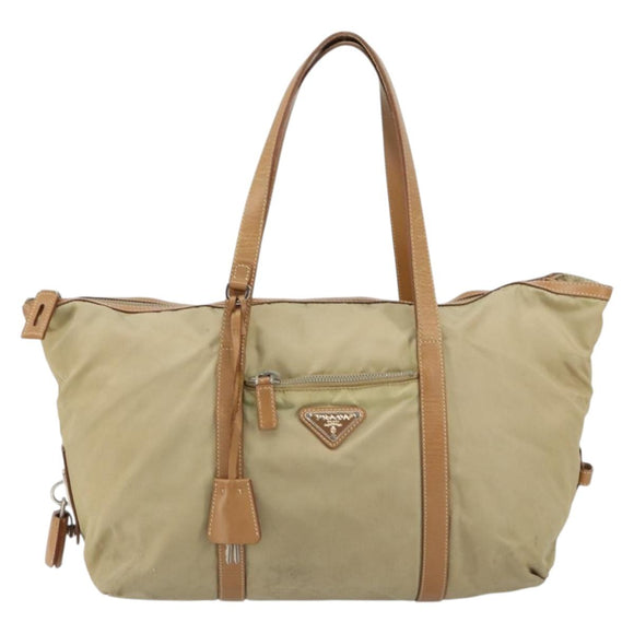 PRADA Tote Bag Nylon Beige Silver Auth bs32083