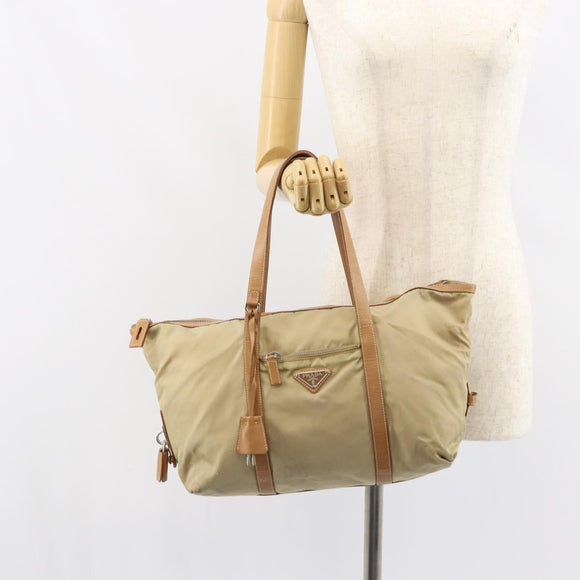 PRADA Tote Bag Nylon Beige Silver Auth bs32083