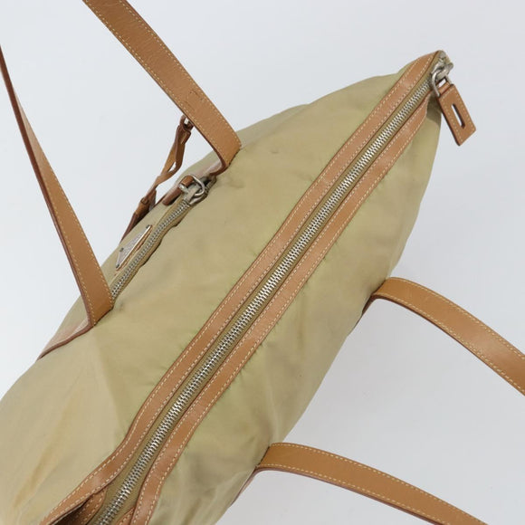 PRADA Tote Bag Nylon Beige Silver Auth bs32083