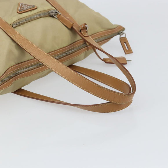 PRADA Tote Bag Nylon Beige Silver Auth bs32083
