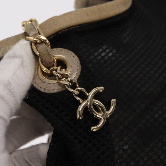 CHANEL Ketting Schoudertas Nylon Leer Zwart Goud CC Auth bs32086