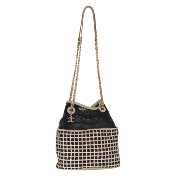CHANEL Ketting Schoudertas Nylon Leer Zwart Goud CC Auth bs32086