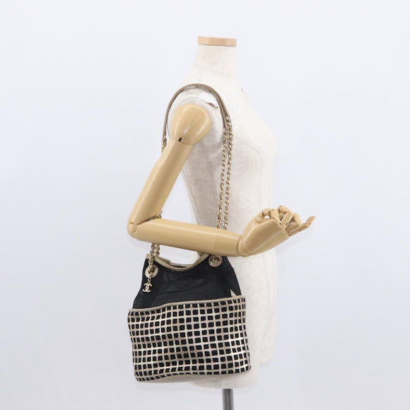 CHANEL Ketting Schoudertas Nylon Leer Zwart Goud CC Auth bs32086