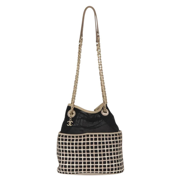 CHANEL Ketting Schoudertas Nylon Leer Zwart Goud CC Auth bs32086