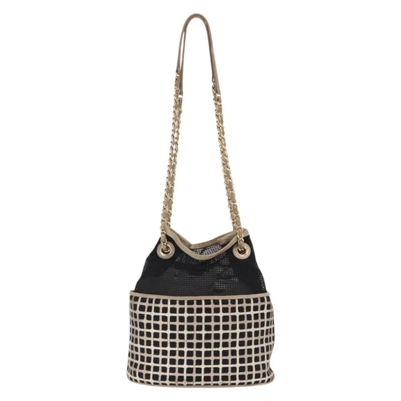CHANEL Ketting Schoudertas Nylon Leer Zwart Goud CC Auth bs32086