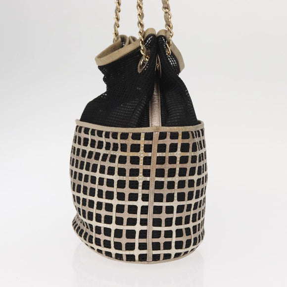 CHANEL Ketting Schoudertas Nylon Leer Zwart Goud CC Auth bs32086