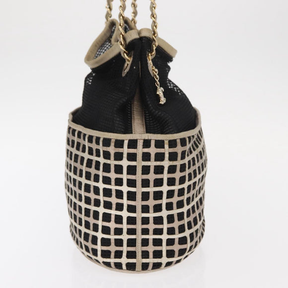 CHANEL Ketting Schoudertas Nylon Leer Zwart Goud CC Auth bs32086