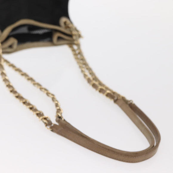 CHANEL Ketting Schoudertas Nylon Leer Zwart Goud CC Auth bs32086
