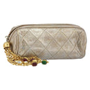 CHANEL Matelasse Pouch Leather Champagne Gold CC Auth bs32089-1