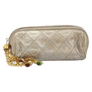 CHANEL Matelasse Pouch Leather Champagne Gold CC Auth bs32089-13