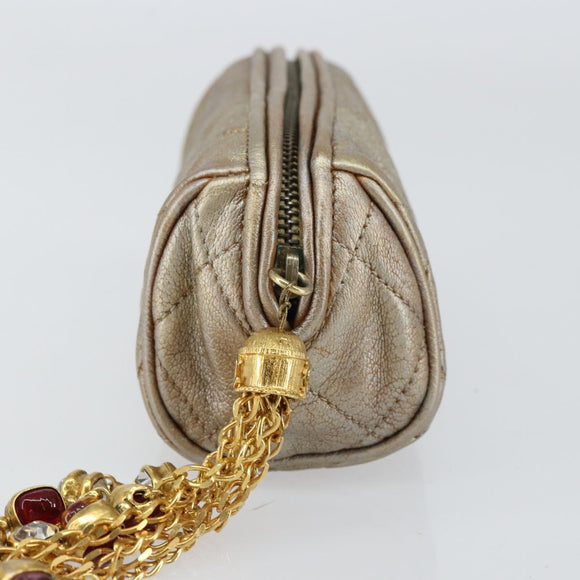 CHANEL Matelasse Pouch Leather Champagne Gold CC Auth bs32089