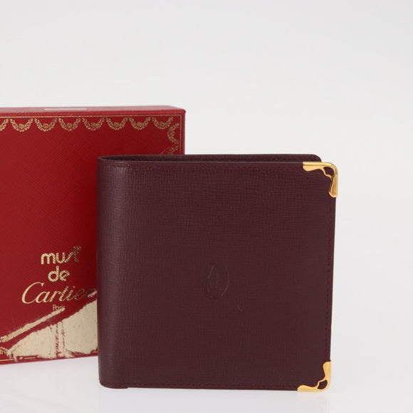 CARTIER Must Line Bifold Wallet Leather Bordeaux Gold Auth bs32096