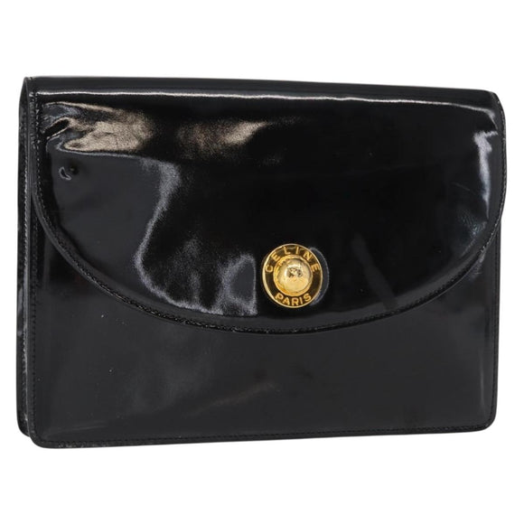 CELINE Clutch Bag Enamel Black Gold Auth bs32100