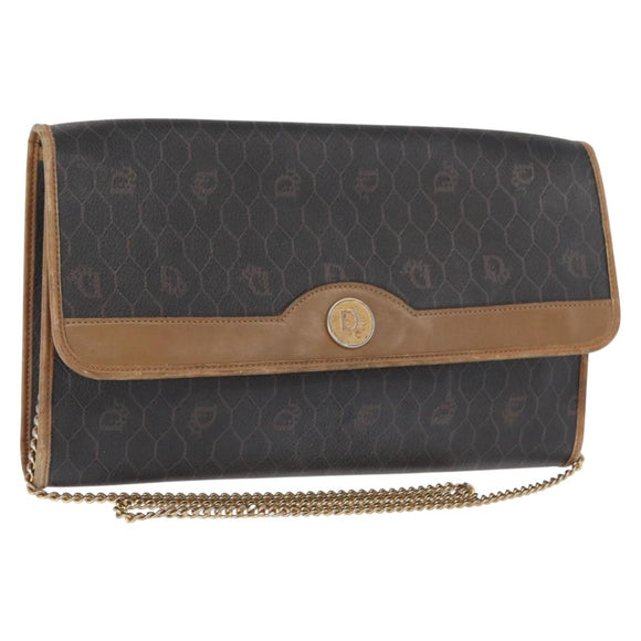 Christian Dior Honeycomb Canvas Chain Shoulder Bag PVC Black Gold Auth bs32105