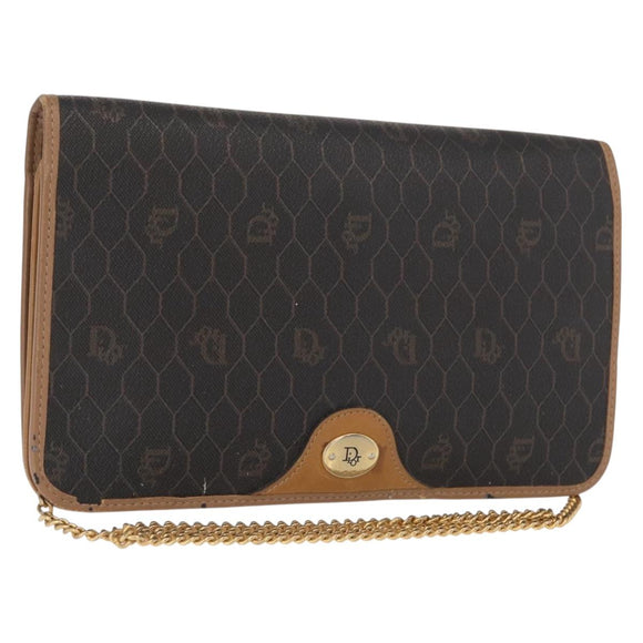 Christian Dior Honeycomb Canvas Chain Shoulder Bag PVC Black Gold Auth bs32106